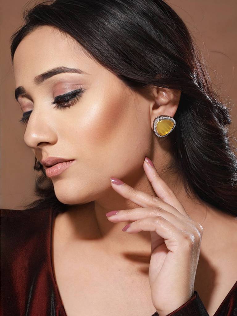 Oxidised Yellow Ad Studded Minimal Studs Earrings : SJER2070