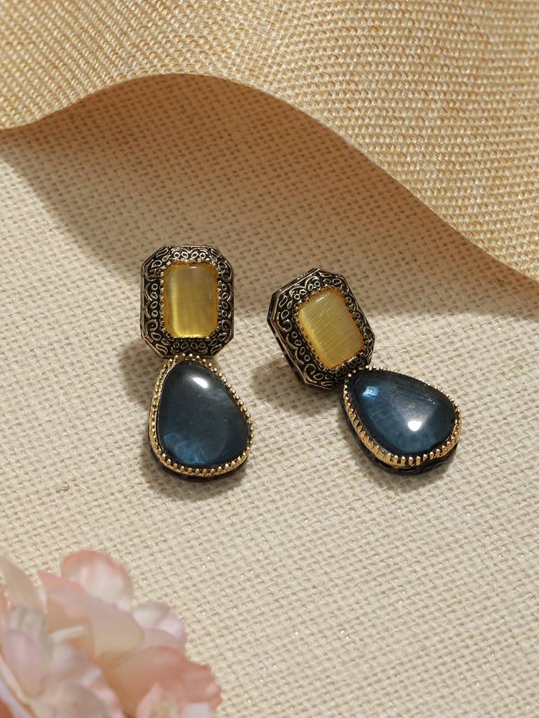 Gold Oxidised Yellow Ad Stone Designer Handcrafted Drop Earrings : SJER2071