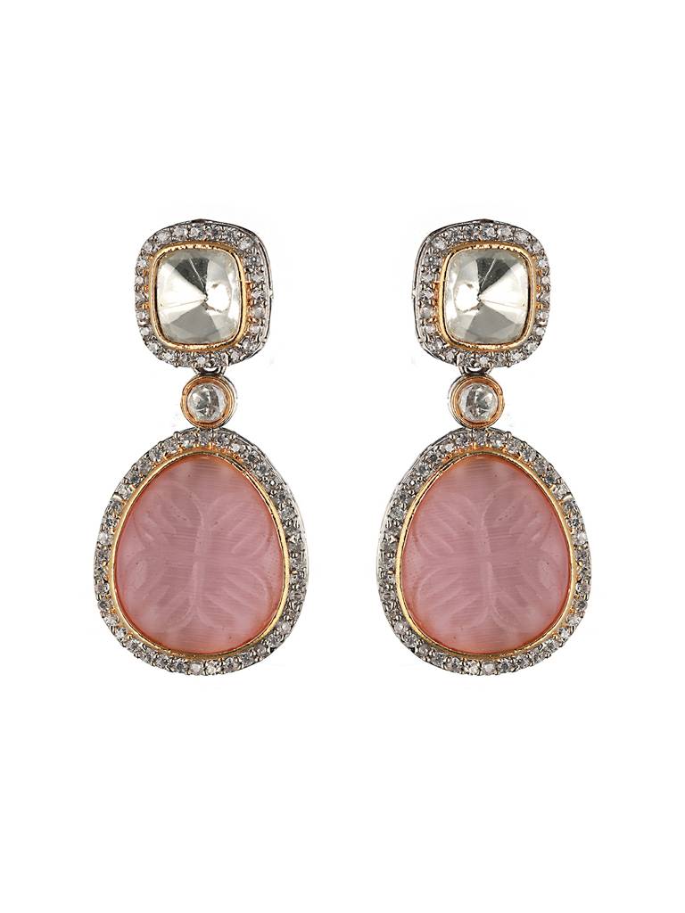 Gold Oxidised Pink Mossanite Handcrafted Drop Earrings : SJER2072