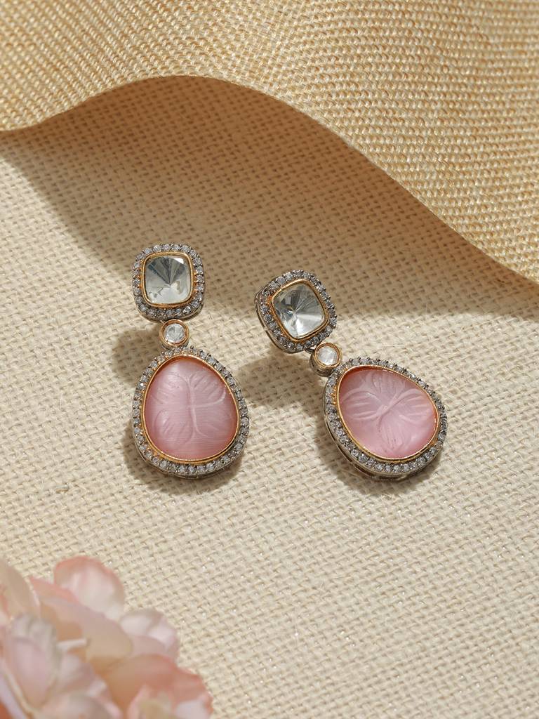 Gold Oxidised Pink Mossanite Handcrafted Drop Earrings : SJER2072