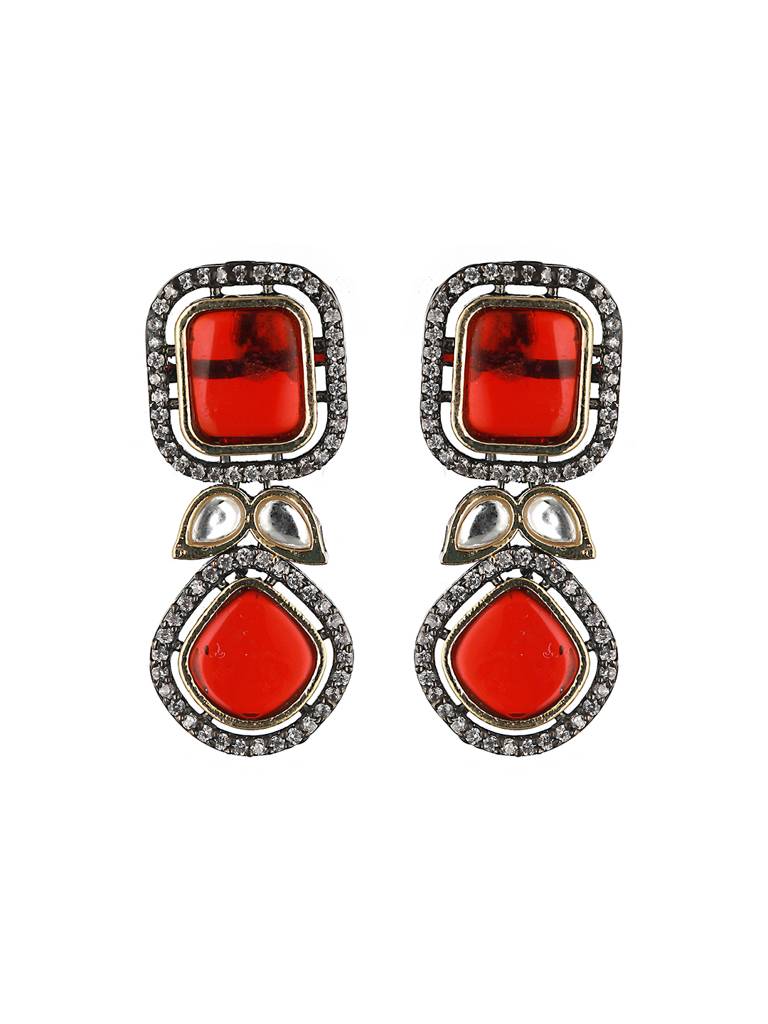 Gold Oxidised Red Ruby Handcrafted Statement Earrings : SJER2073