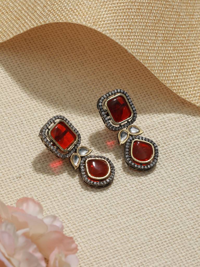 Gold Oxidised Red Ruby Handcrafted Statement Earrings : SJER2073