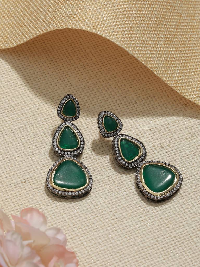 Gold Oxidised Green Ad  Handcrafted Designer  Earrings : SJER2074