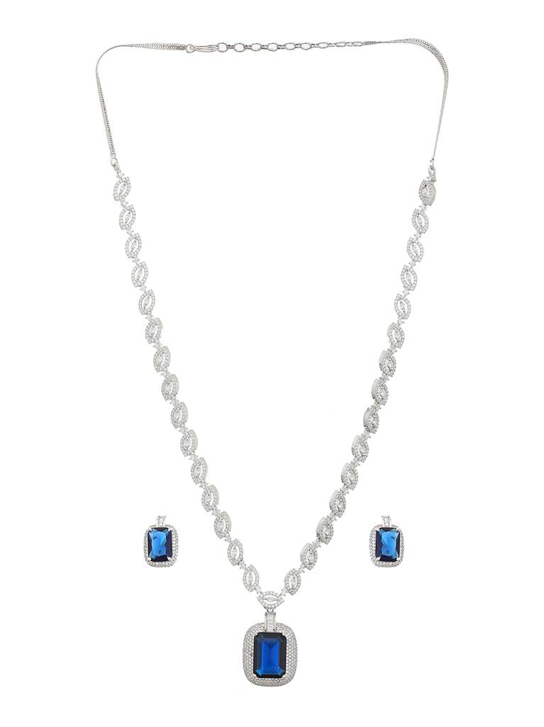 Silver Plated Blue Cz Studded Statementjewellery Set : SJNK2079