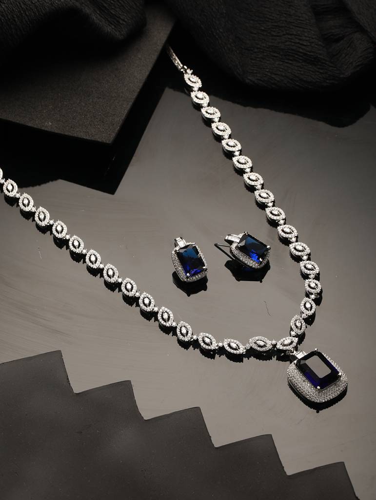 Silver Plated Blue Cz Studded Statementjewellery Set : SJNK2079