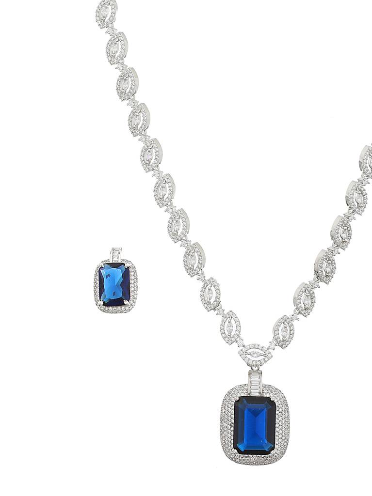 Silver Plated Blue Cz Studded Statementjewellery Set : SJNK2079