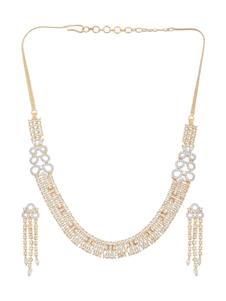 Gold Polished White Cz Studded Contemporary Jewellery Set : SJNK2082