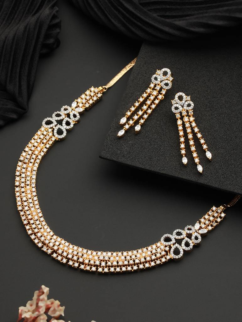 Gold Polished White Cz Studded Contemporary Jewellery Set : SJNK2082