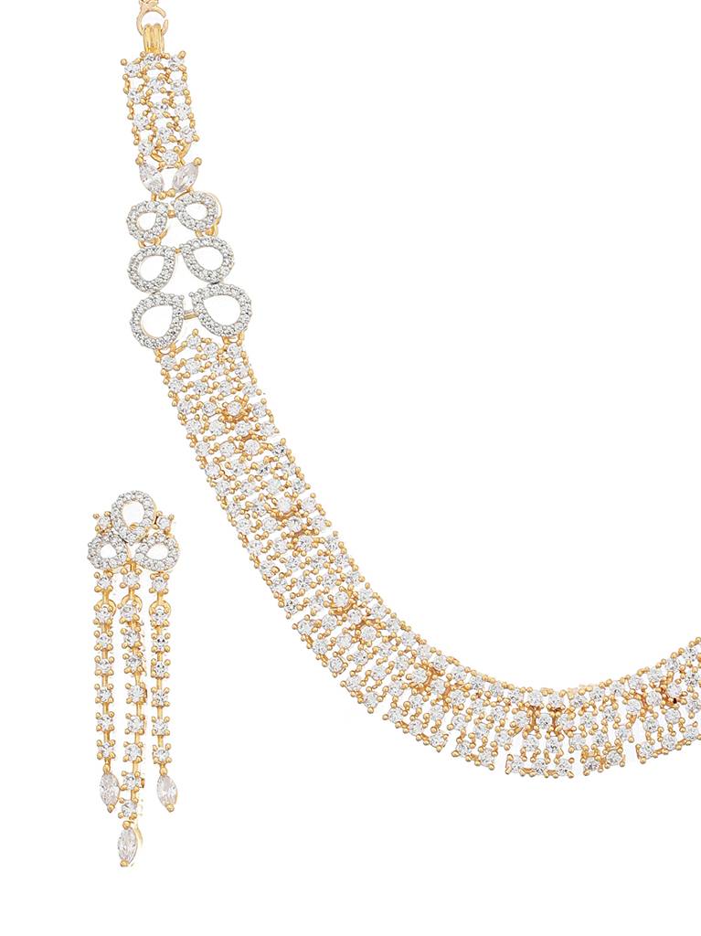 Gold Polished White Cz Studded Contemporary Jewellery Set : SJNK2082