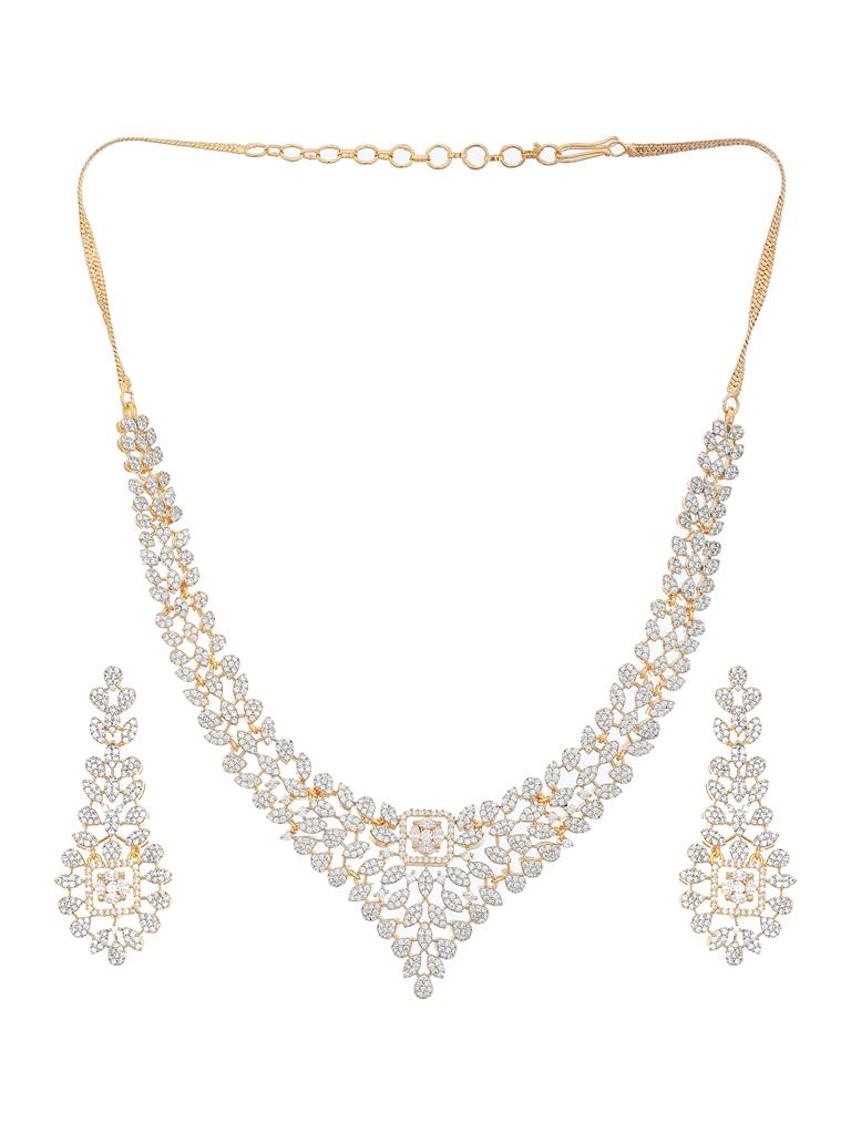 Gold Toned White Cz Studded Designer Jewellery Set : SJNK2083