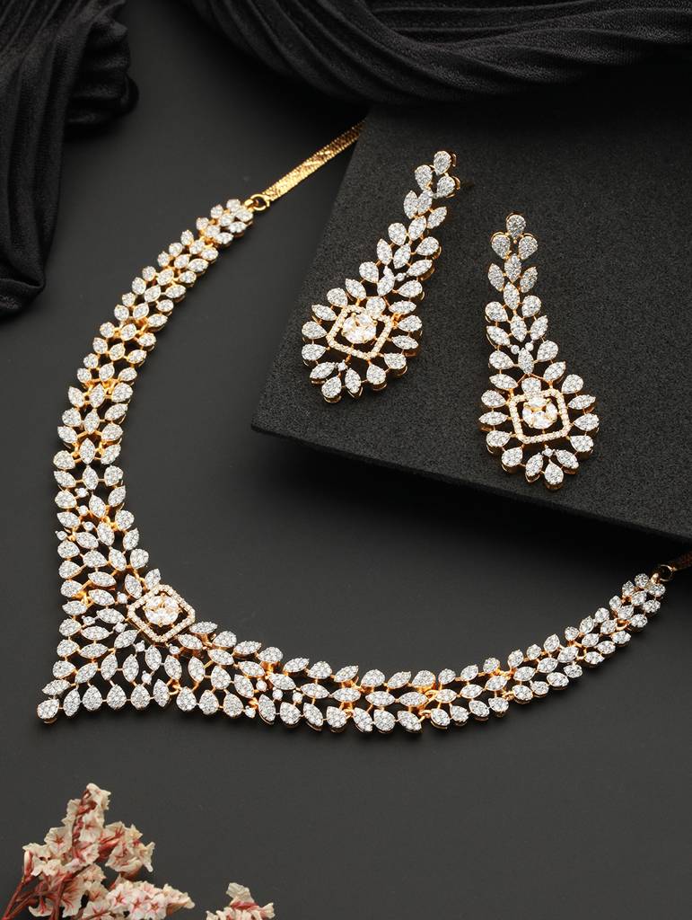 Gold Toned White Cz Studded Designer Jewellery Set : SJNK2083