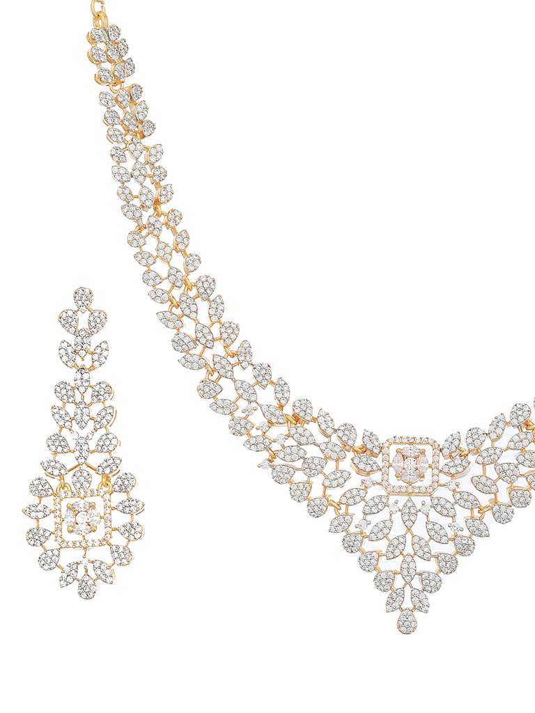 Gold Toned White Cz Studded Designer Jewellery Set : SJNK2083