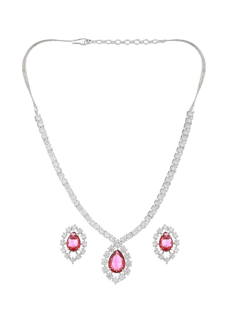 Silver Plated Red Cz Studded Minimal Delicate Jewellery Set : SJNK2085