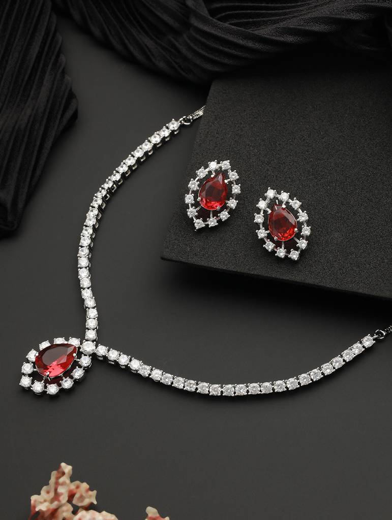 Silver Plated Red Cz Studded Minimal Delicate Jewellery Set : SJNK2085