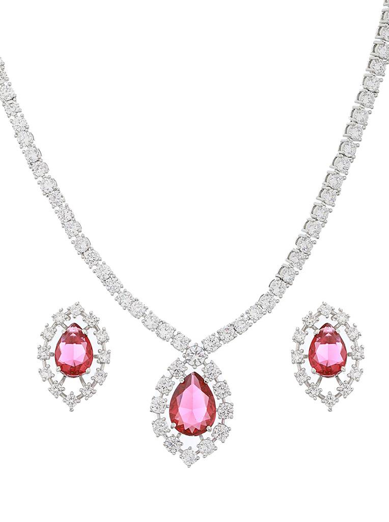 Silver Plated Red Cz Studded Minimal Delicate Jewellery Set : SJNK2085