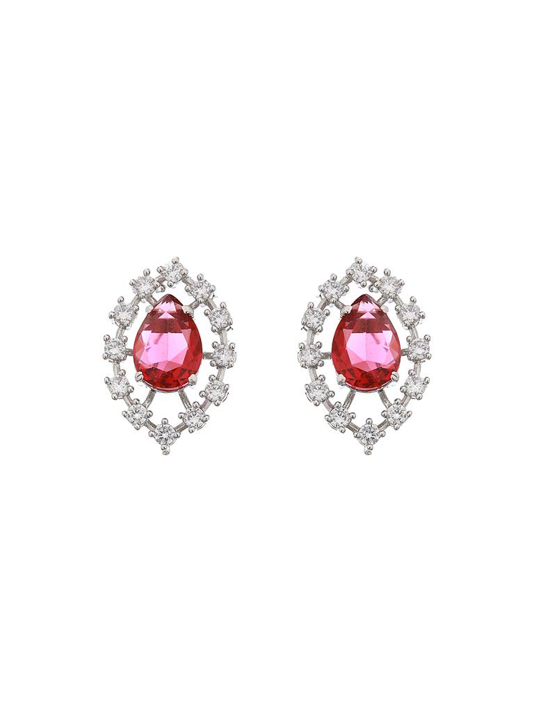 Silver Plated Red Cz Studded Minimal Delicate Jewellery Set : SJNK2085
