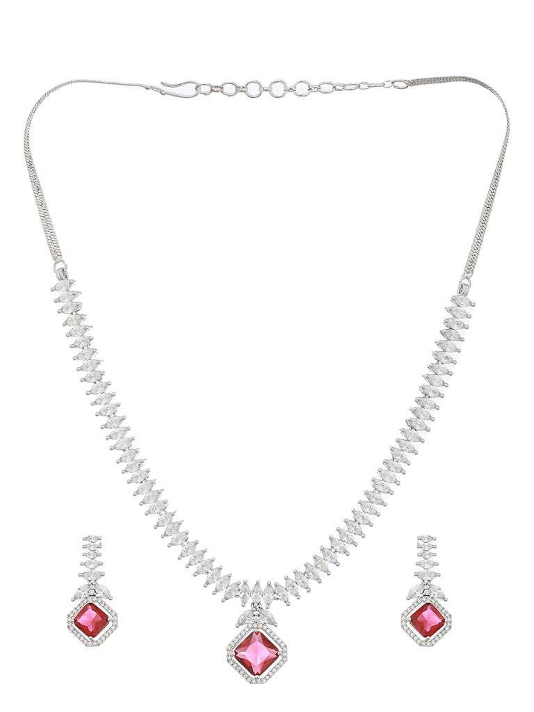 Silver Toned Red Cz Studded Minimal Designer Jewellery Set : SJNK2087