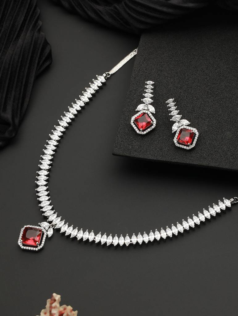 Silver Toned Red Cz Studded Minimal Designer Jewellery Set : SJNK2087