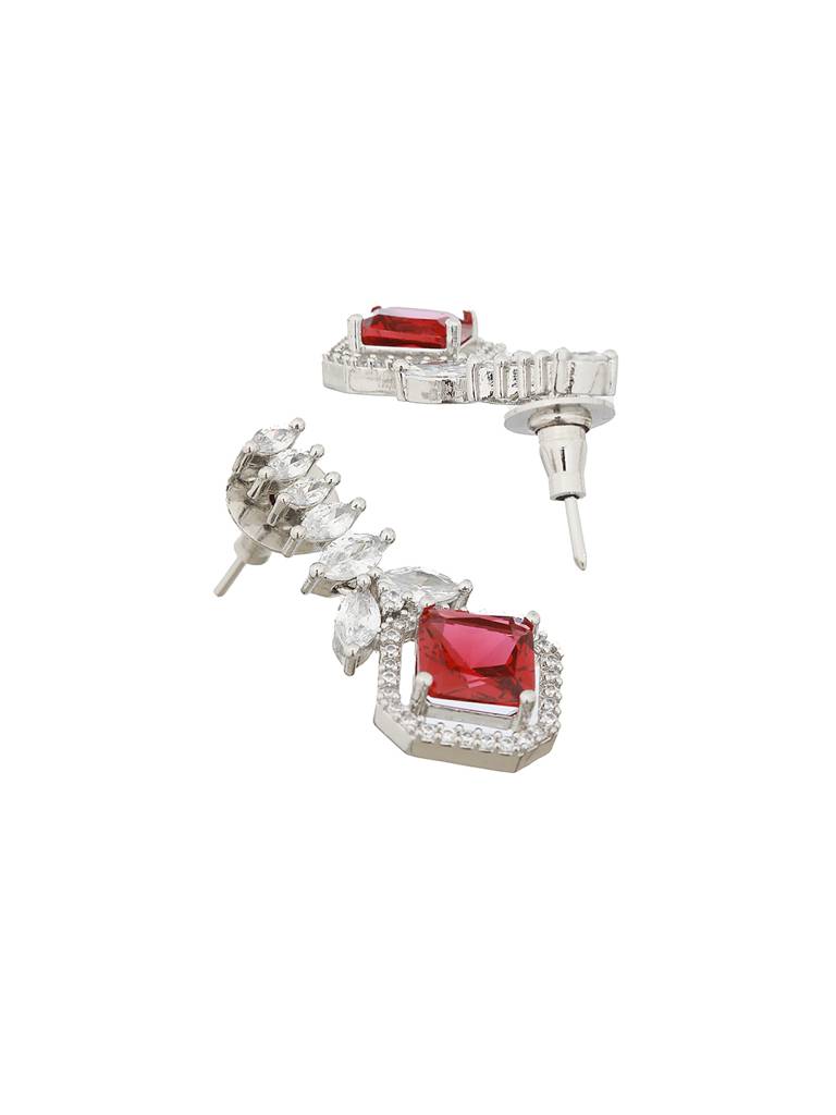 Silver Toned Red Cz Studded Minimal Designer Jewellery Set : SJNK2087