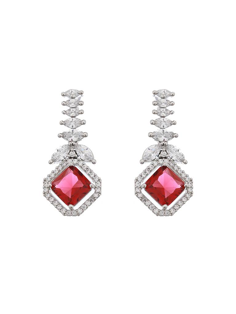 Silver Toned Red Cz Studded Minimal Designer Jewellery Set : SJNK2087