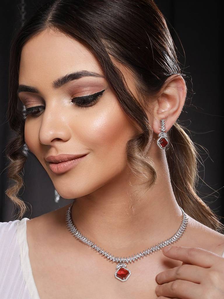 Silver Toned Red Cz Studded Minimal Designer Jewellery Set : SJNK2087