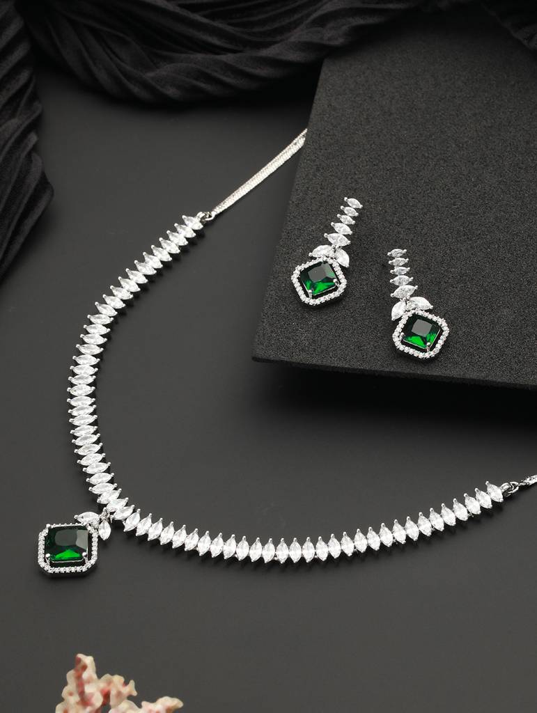 Silver Plated Green Cz Studded Minimal Pendant Jewellery Set : SJNK2088