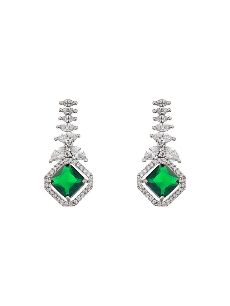 Silver Plated Green Cz Studded Minimal Pendant Jewellery Set : SJNK2088