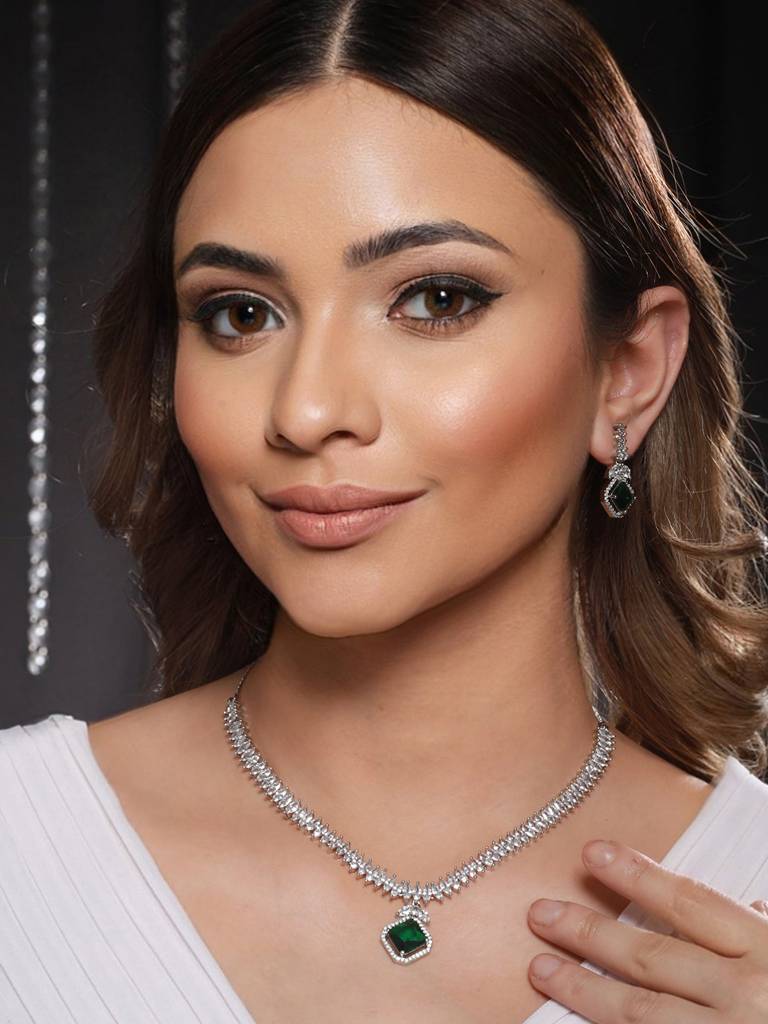 Silver Plated Green Cz Studded Minimal Pendant Jewellery Set : SJNK2088