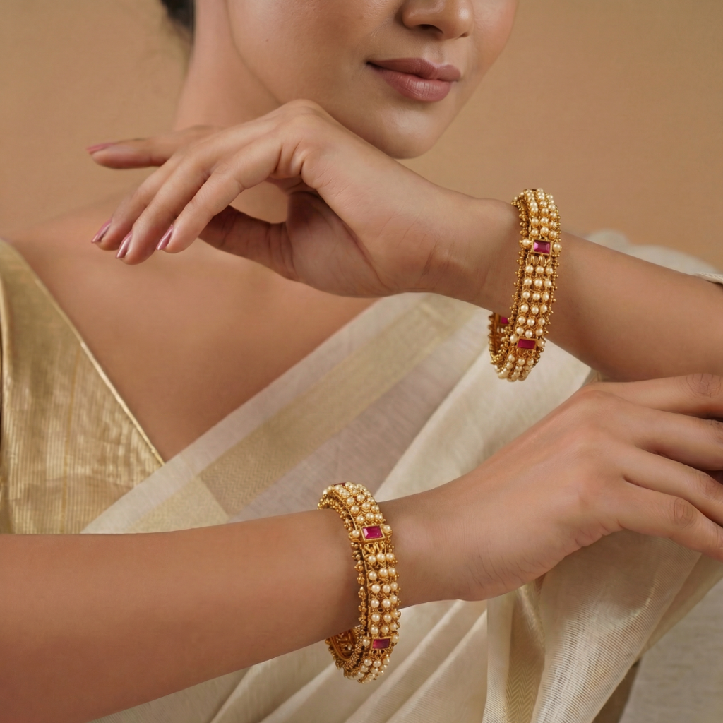 Pearl Ruby Guttapusalu Temple Paired Bangle Set | 1 Gram Gold-Plated : V-2479