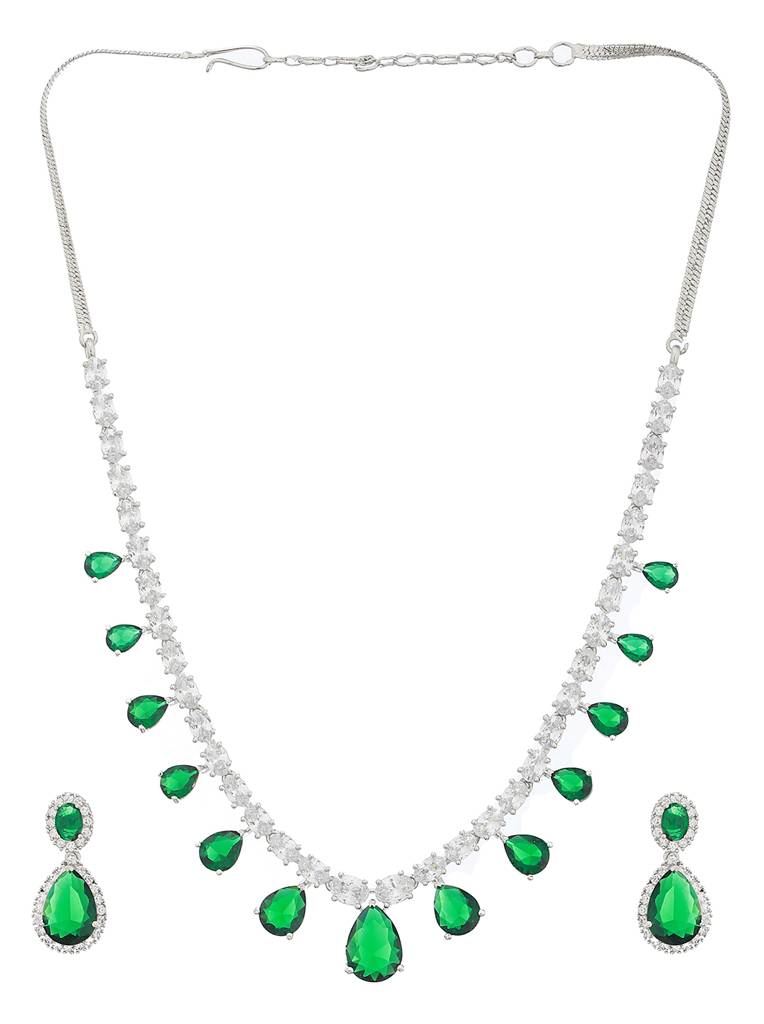 Rhodium Plated Green Cz Studded Single Line Minimal Jewellery Set : SJNK2093