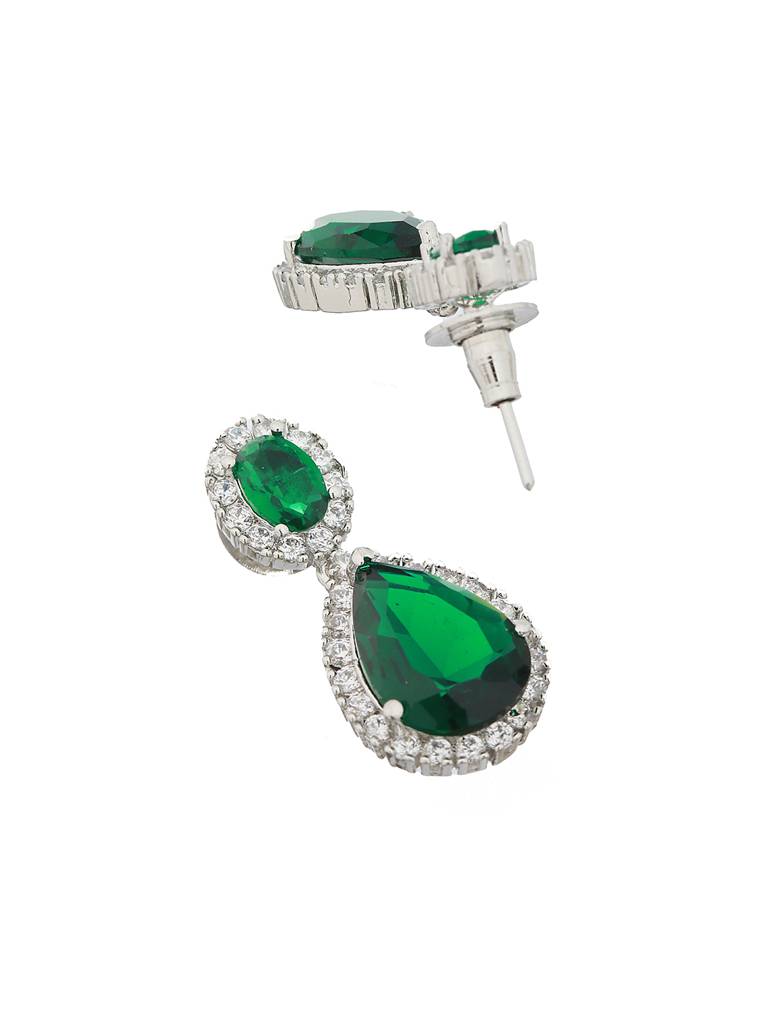 Rhodium Plated Green Cz Studded Single Line Minimal Jewellery Set : SJNK2093