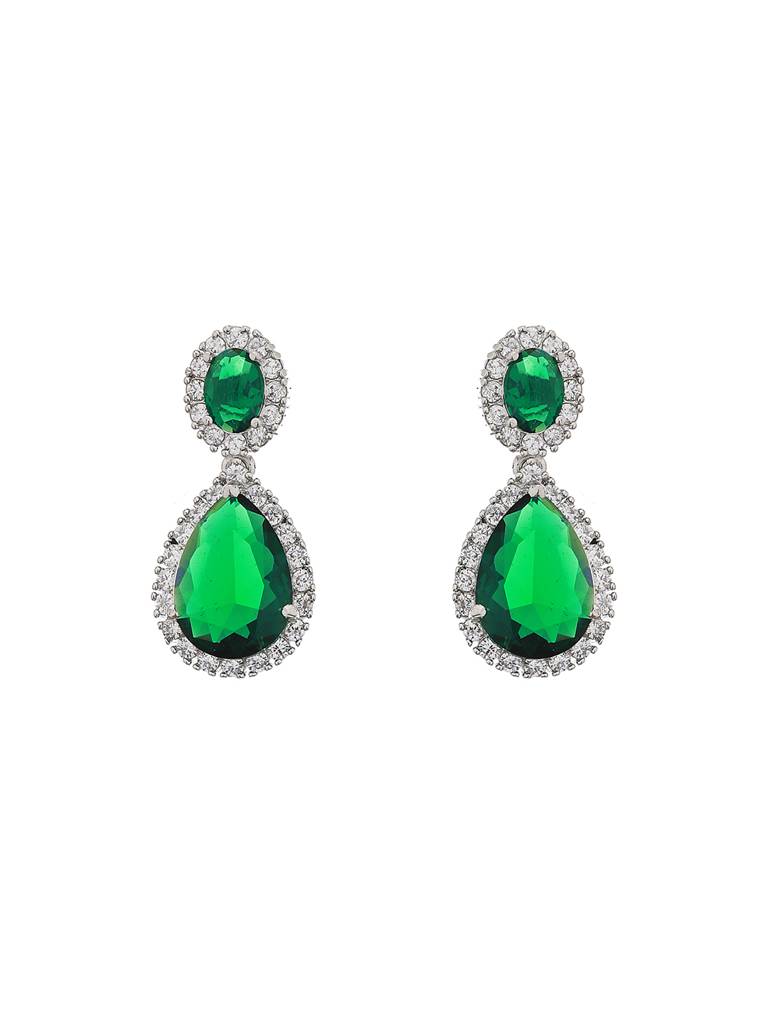 Rhodium Plated Green Cz Studded Single Line Minimal Jewellery Set : SJNK2093