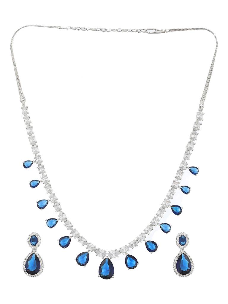 Silver Plated Blue Cz Studded Minimal Luxe Jewellery Set : SJNK2094