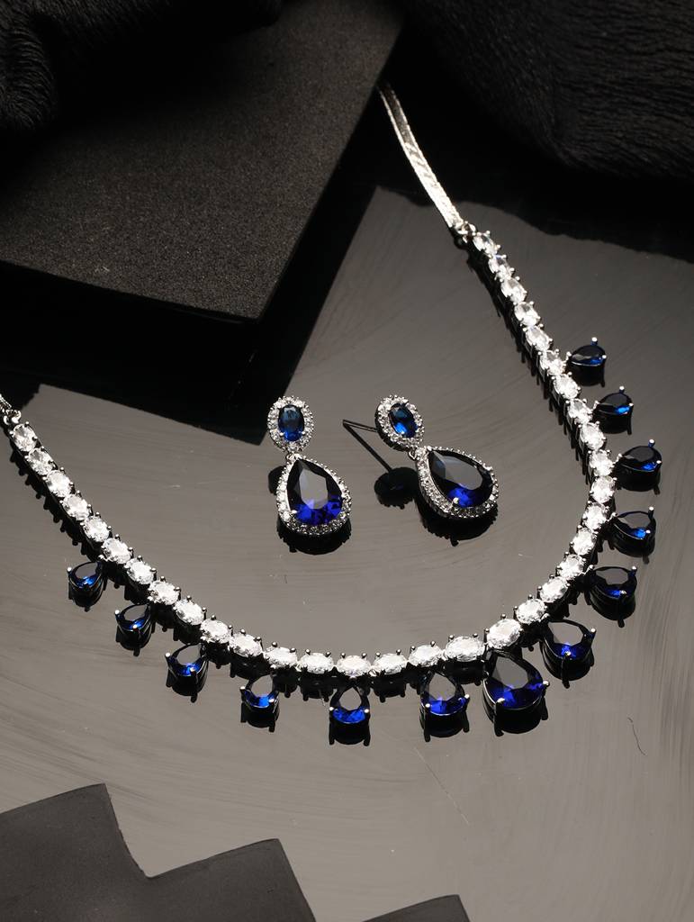 Silver Plated Blue Cz Studded Minimal Luxe Jewellery Set : SJNK2094