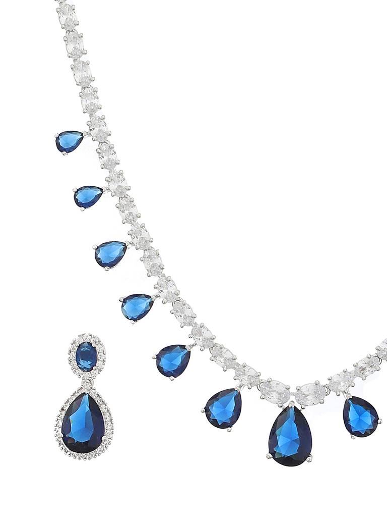 Silver Plated Blue Cz Studded Minimal Luxe Jewellery Set : SJNK2094
