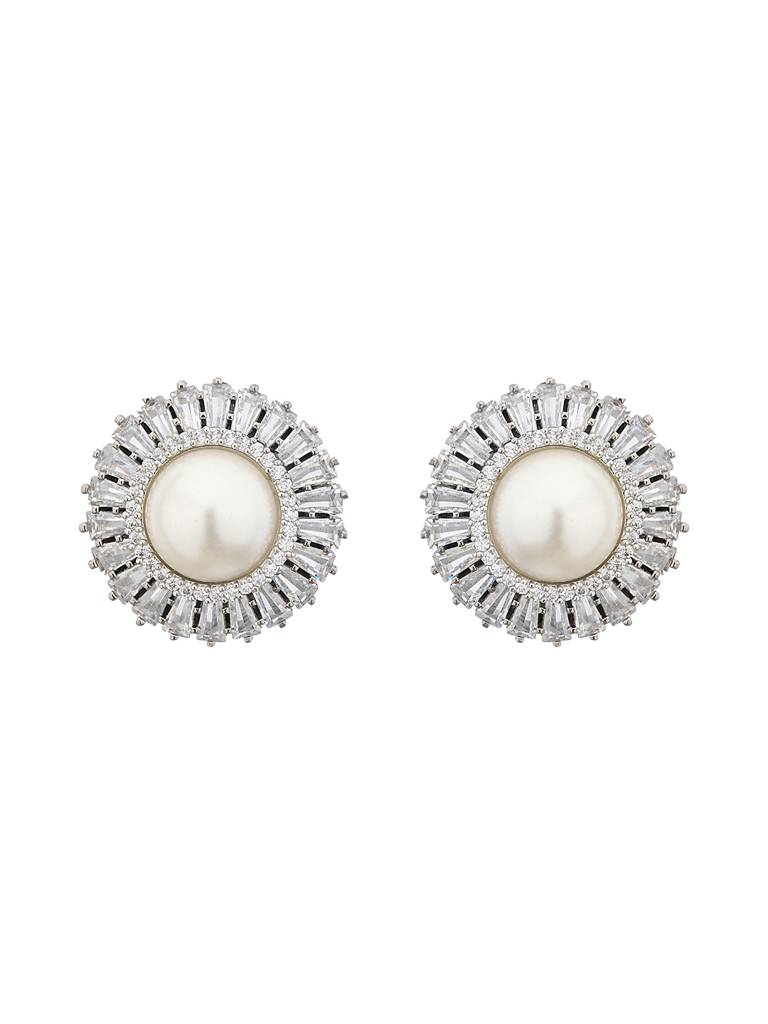 Silver Plated Cz Studded Pearl Minimal Studs Earrings : SJER2095