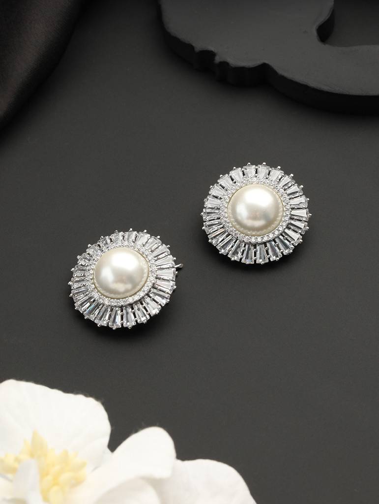 Silver Plated Cz Studded Pearl Minimal Studs Earrings : SJER2095