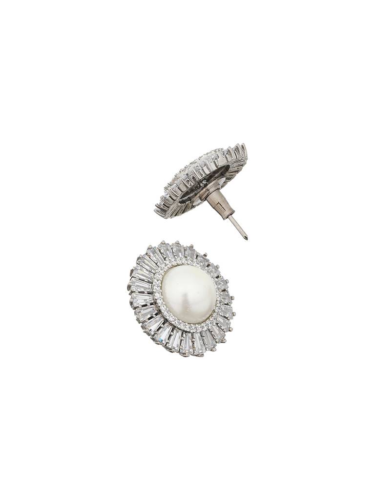 Silver Plated Cz Studded Pearl Minimal Studs Earrings : SJER2095