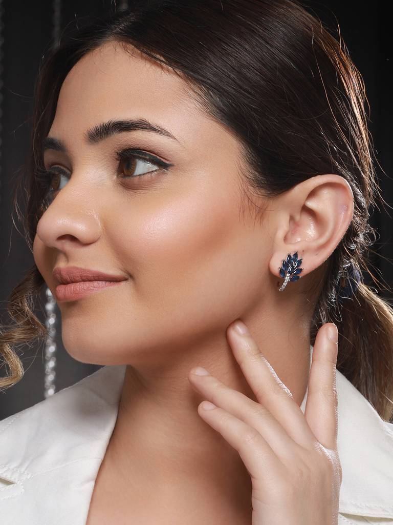 White Rhodium Blue Ad Studded Minimal Studs Earrings : SJER2096