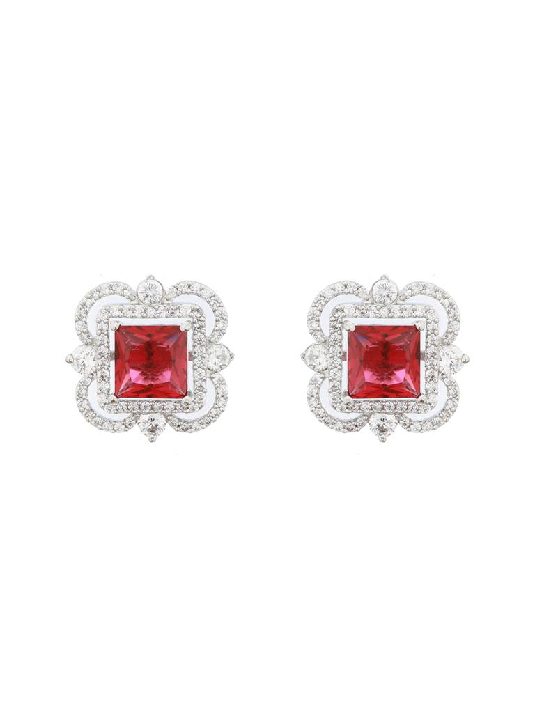 Silver Plated Red Ad Studded Minimal Studs Earrings : SJER2097