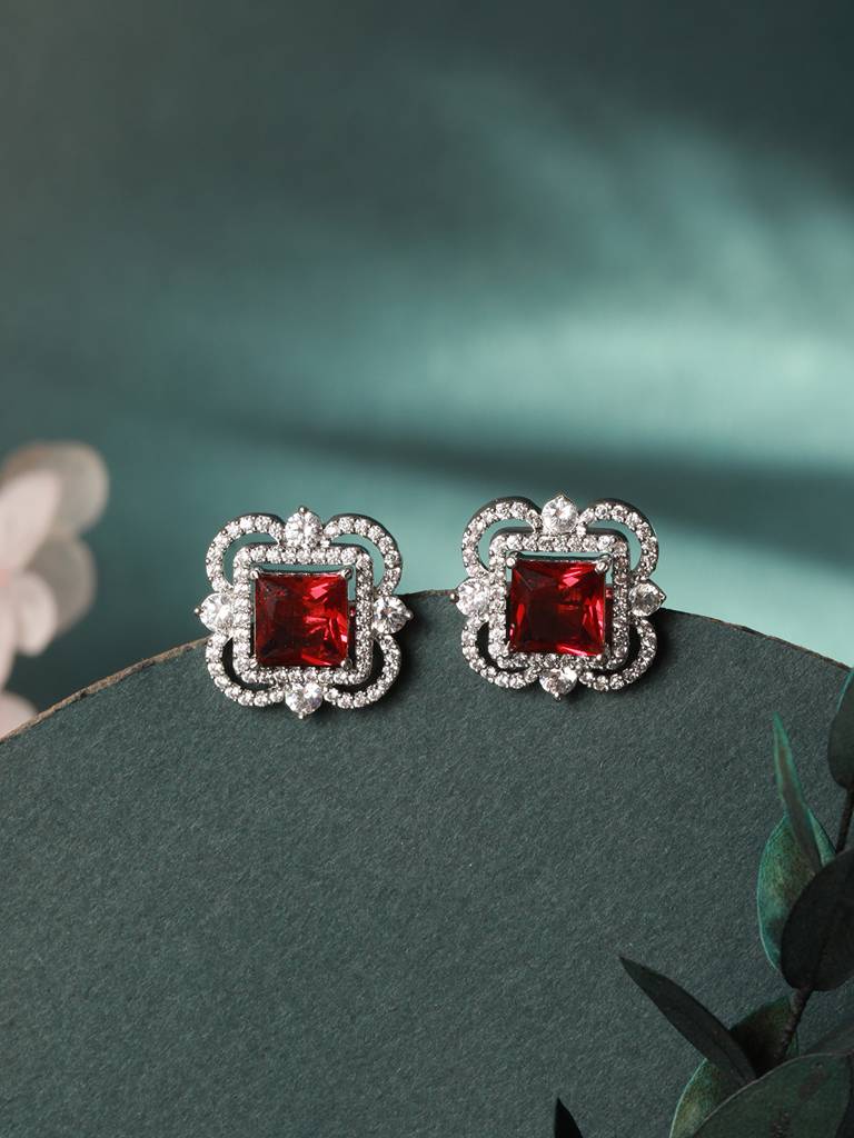 Silver Plated Red Ad Studded Minimal Studs Earrings : SJER2097