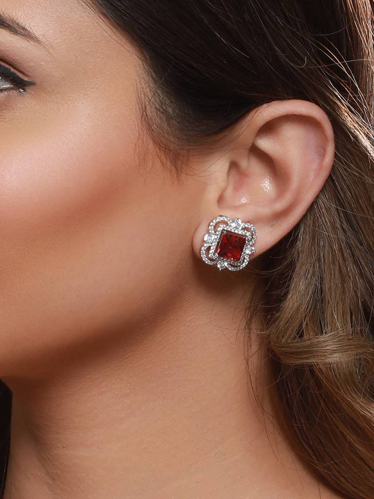 Silver Plated Red Ad Studded Minimal Studs Earrings : SJER2097