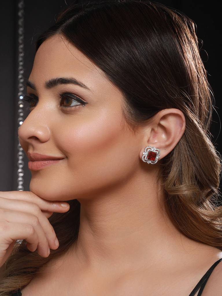 Silver Plated Red Ad Studded Minimal Studs Earrings : SJER2097