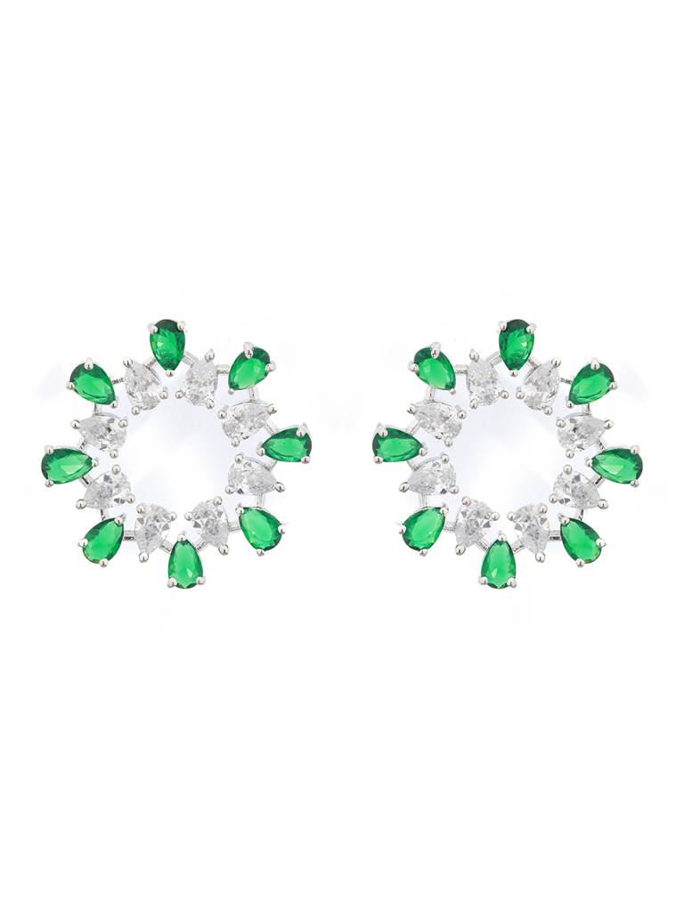 Silver Plated Green Cz Studded Minimal Hoops Earrings : SJER2098