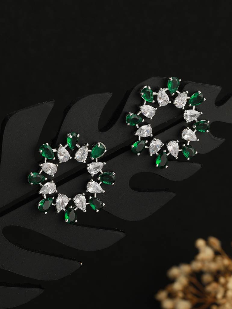 Silver Plated Green Cz Studded Minimal Hoops Earrings : SJER2098