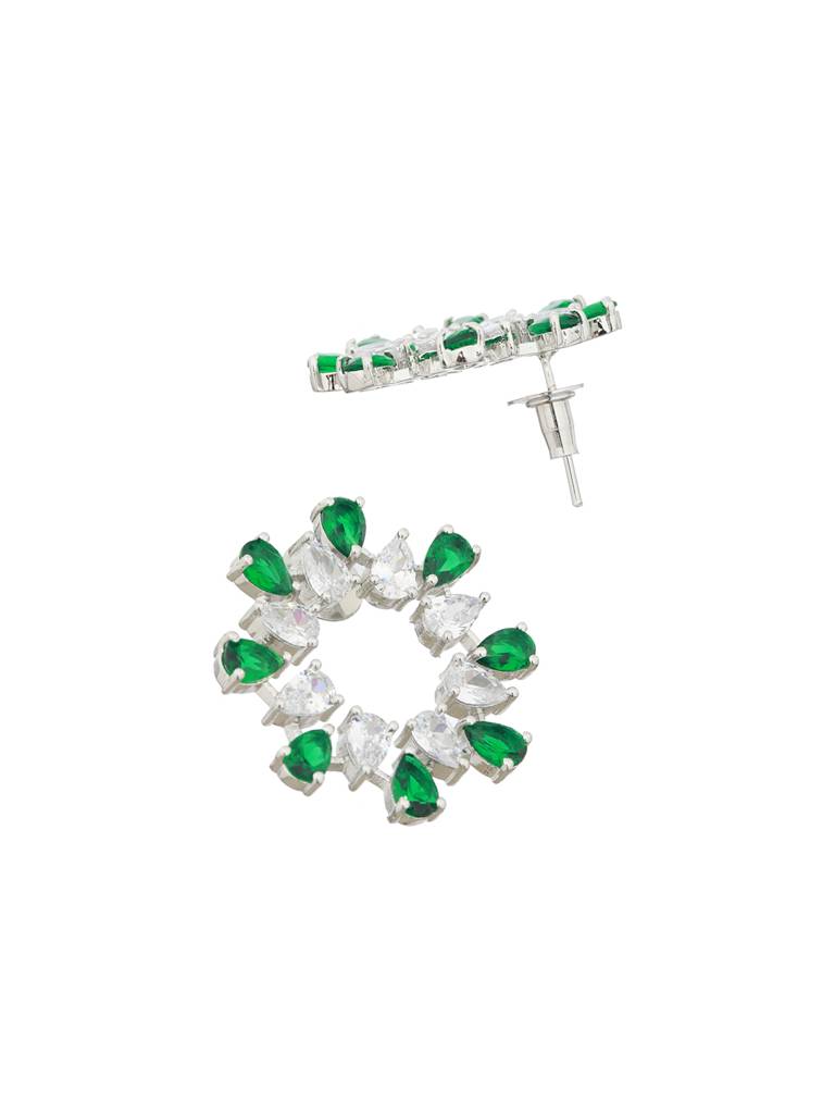 Silver Plated Green Cz Studded Minimal Hoops Earrings : SJER2098