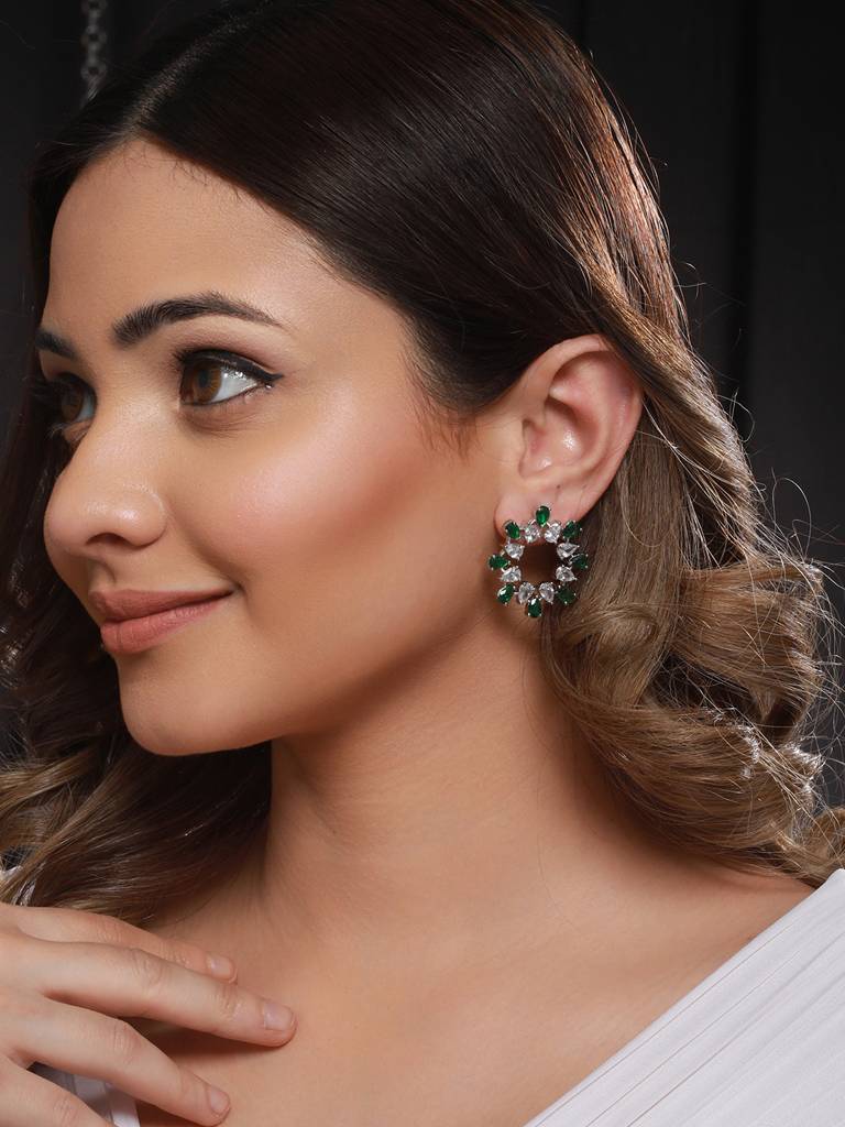 Silver Plated Green Cz Studded Minimal Hoops Earrings : SJER2098