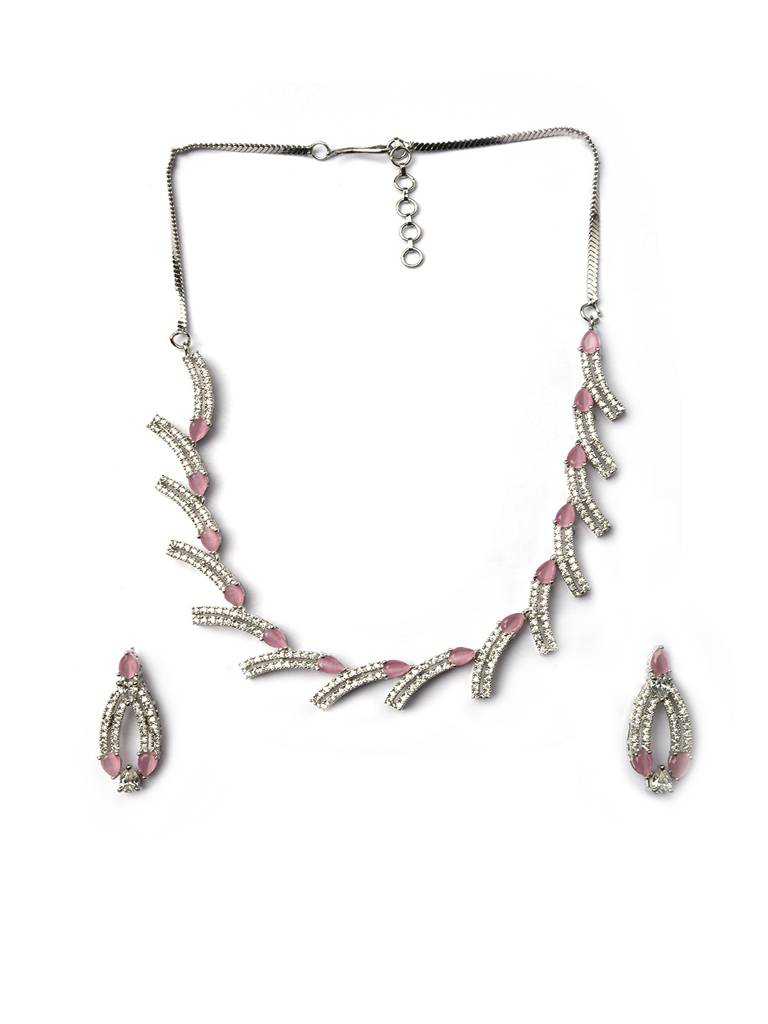 Sleek Luxurious Symmetrical Line Ad Necklace Set For Weddings, Parties And Festivals : AD139PINK