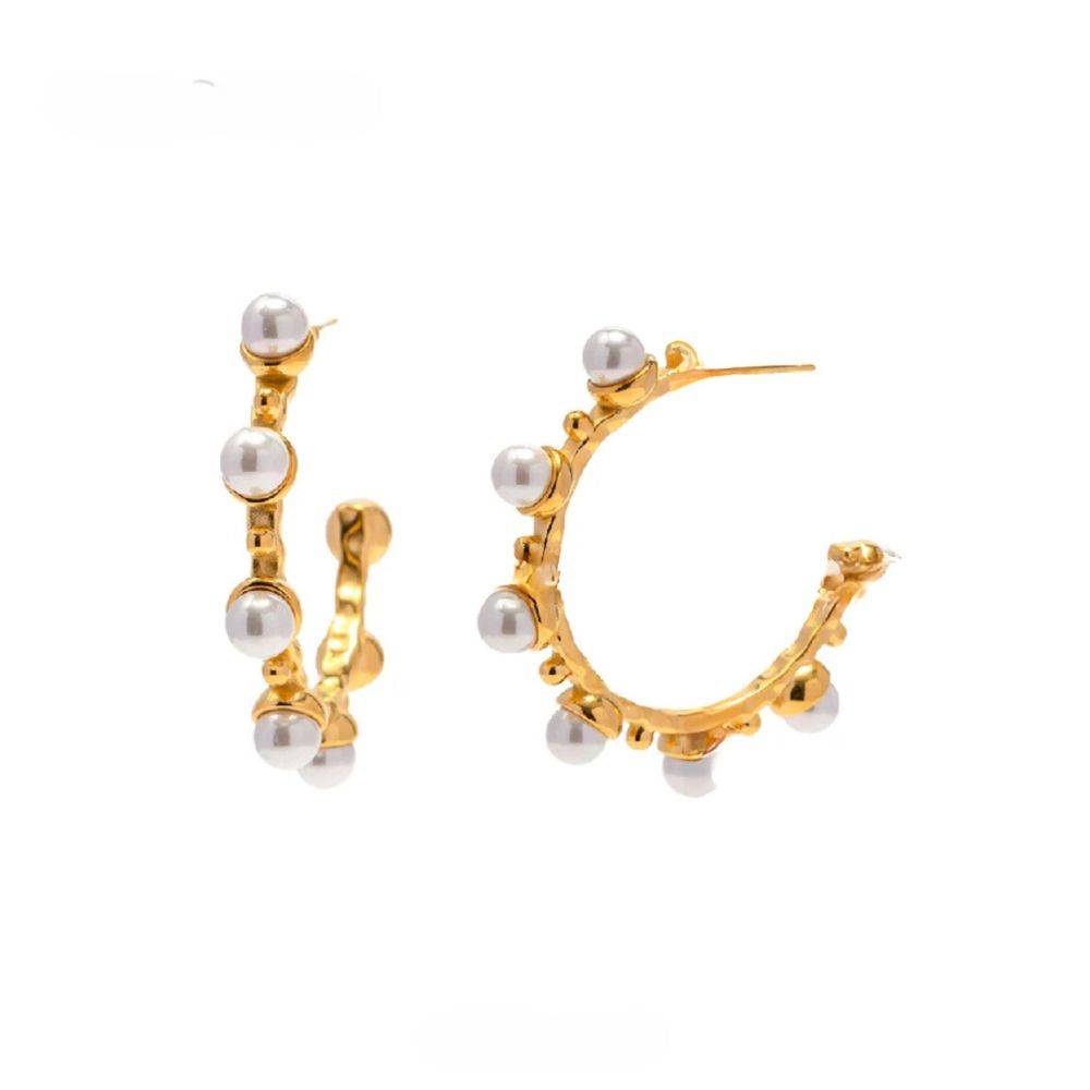 18Kt Gold Plated C Shaped Statement Pearl Hoop Earrings, Maeve : INMAEVE