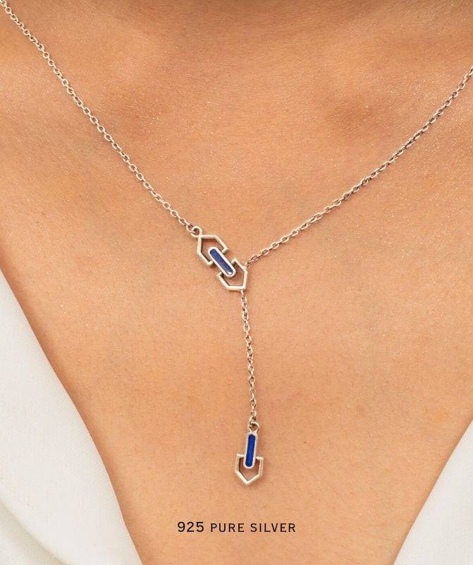 925 Pure Oxidised Silver Y Emma Neckalce With Blue Enamel : NK001